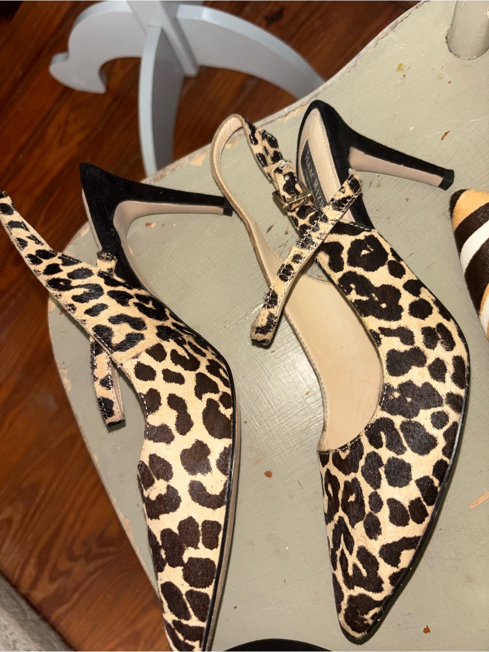 Isaac Mizrahi 8  calf fur  Leopard Print Slingback Pumps in Beige and Black